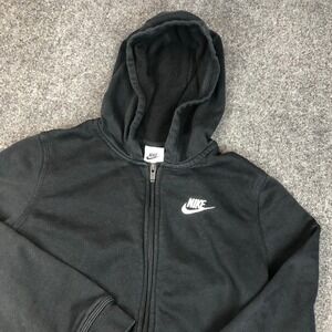 Nike Sportswear Full Zip Hoodie Black White Logo Cotton Blend Kids Youth M